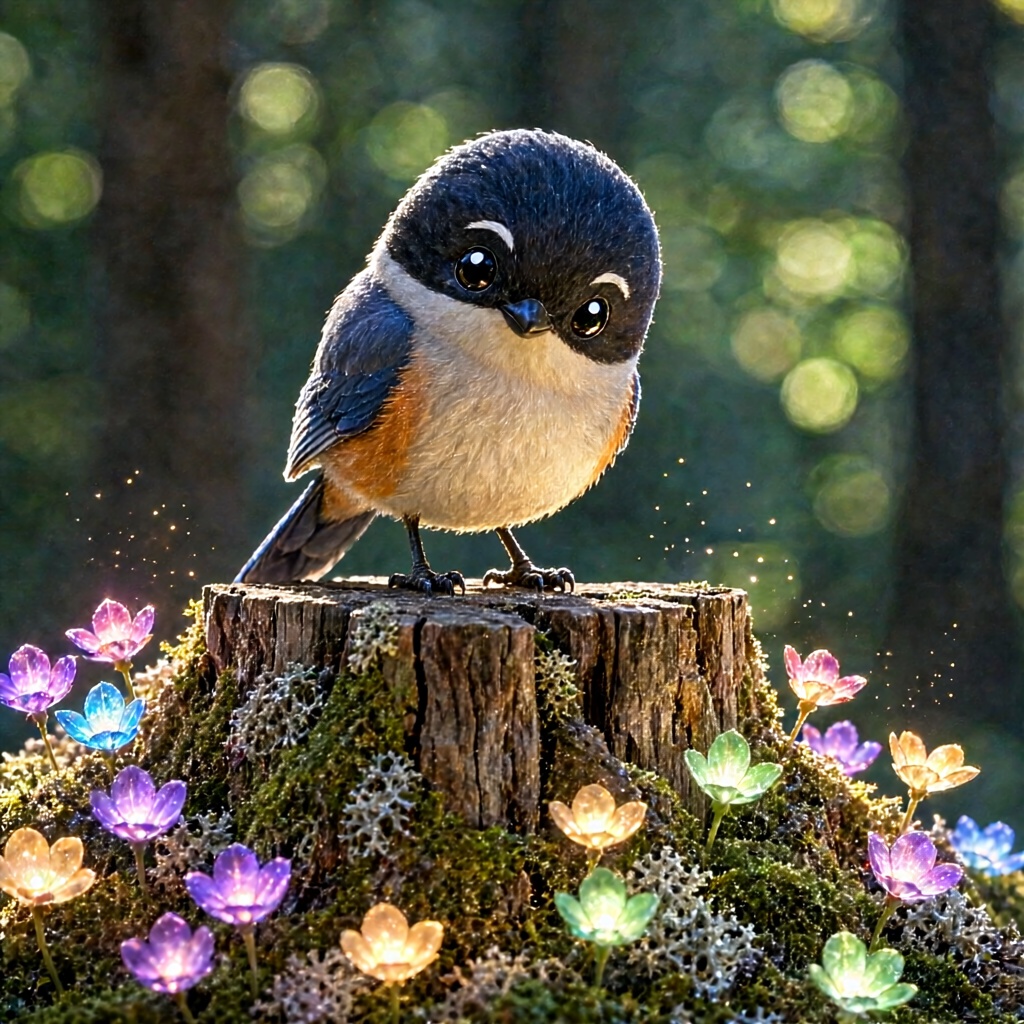 A 3D anime film still captures a round-bodied,  adorable Azure-winged Magpie perched upon a weathered,  mossy tree stump....