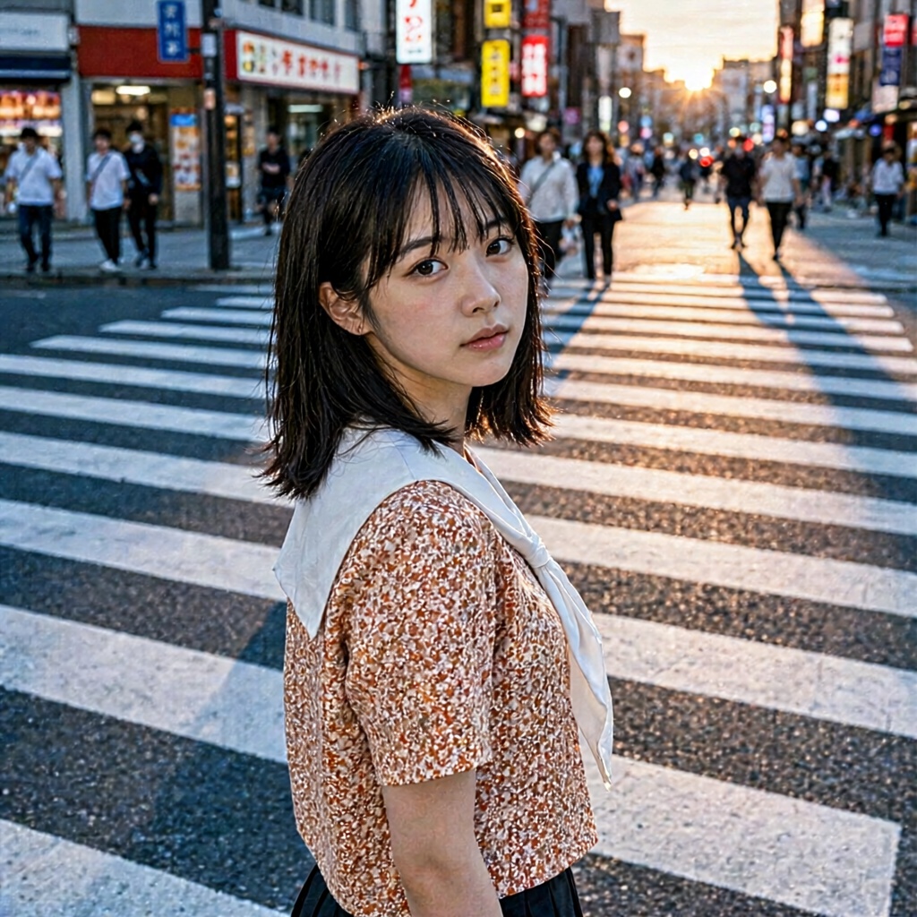 Tokyo. A young Japanese woman with shoulder-length dark hair and straight bangs stands in the foreground,  glancing over h...