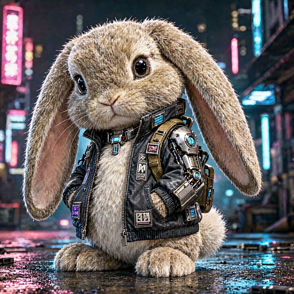 An adorable,  fluffy anthropomorphic bunny with very long,  floppy ears that hang limply on the sides of her head. Cyberpu...