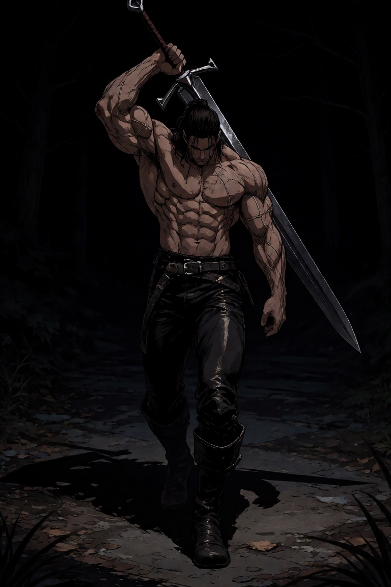 A muscular man with a rugged appearance,  showcasing defined abs,  stands in the darkness on Tensor.Art