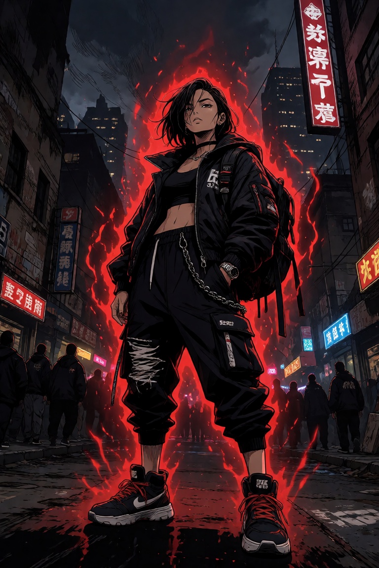 A striking image of a woman dressed in urban streetwear,  standing confidently in a gritty urban environment. The atmosphe...