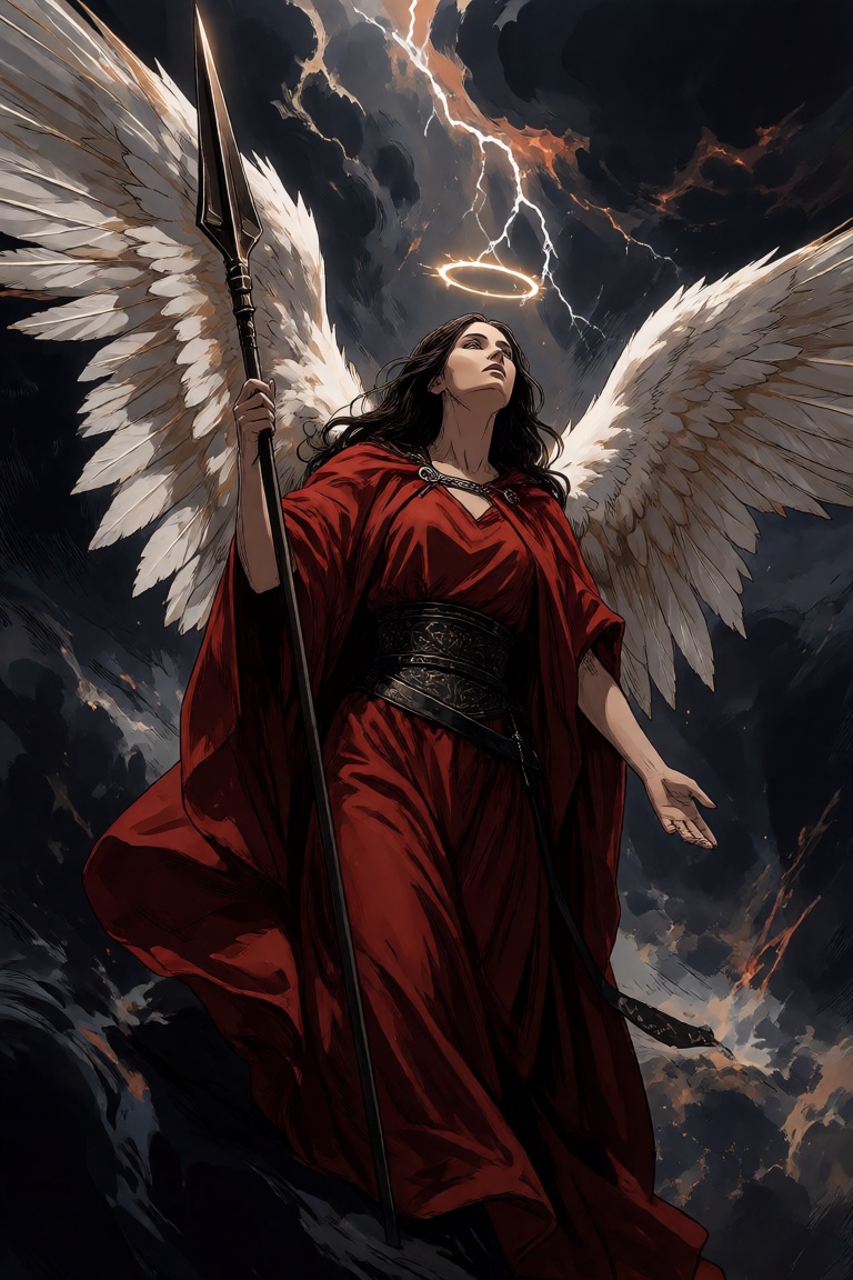 beautiful woman with large white wings,  standing in a dramatic,  dark background. She is wearing a red cloak and a black...