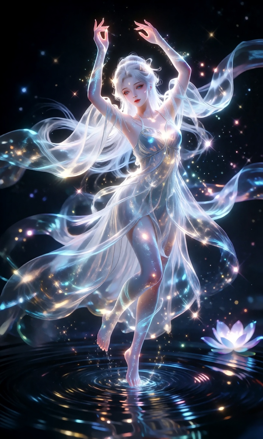 A celestial female dancer made of glowing starlight and ethereal light,  posed mid-dance with arms gracefully raised above...