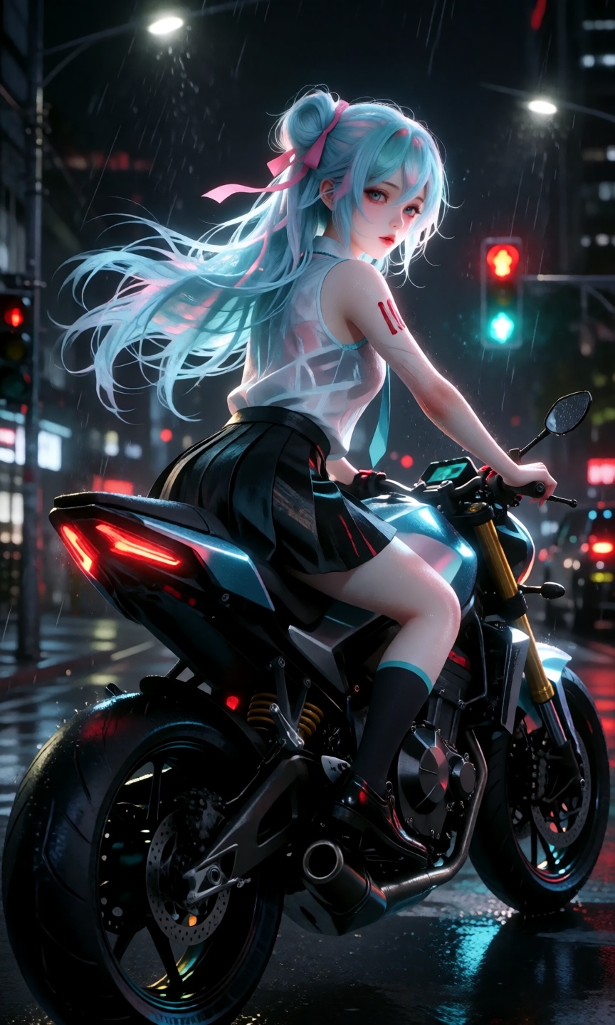 A beautiful anime girl with long,  flowing turquoise hair and a pink ribbon tied in a bun sits on a sleek,  modern motorcy...