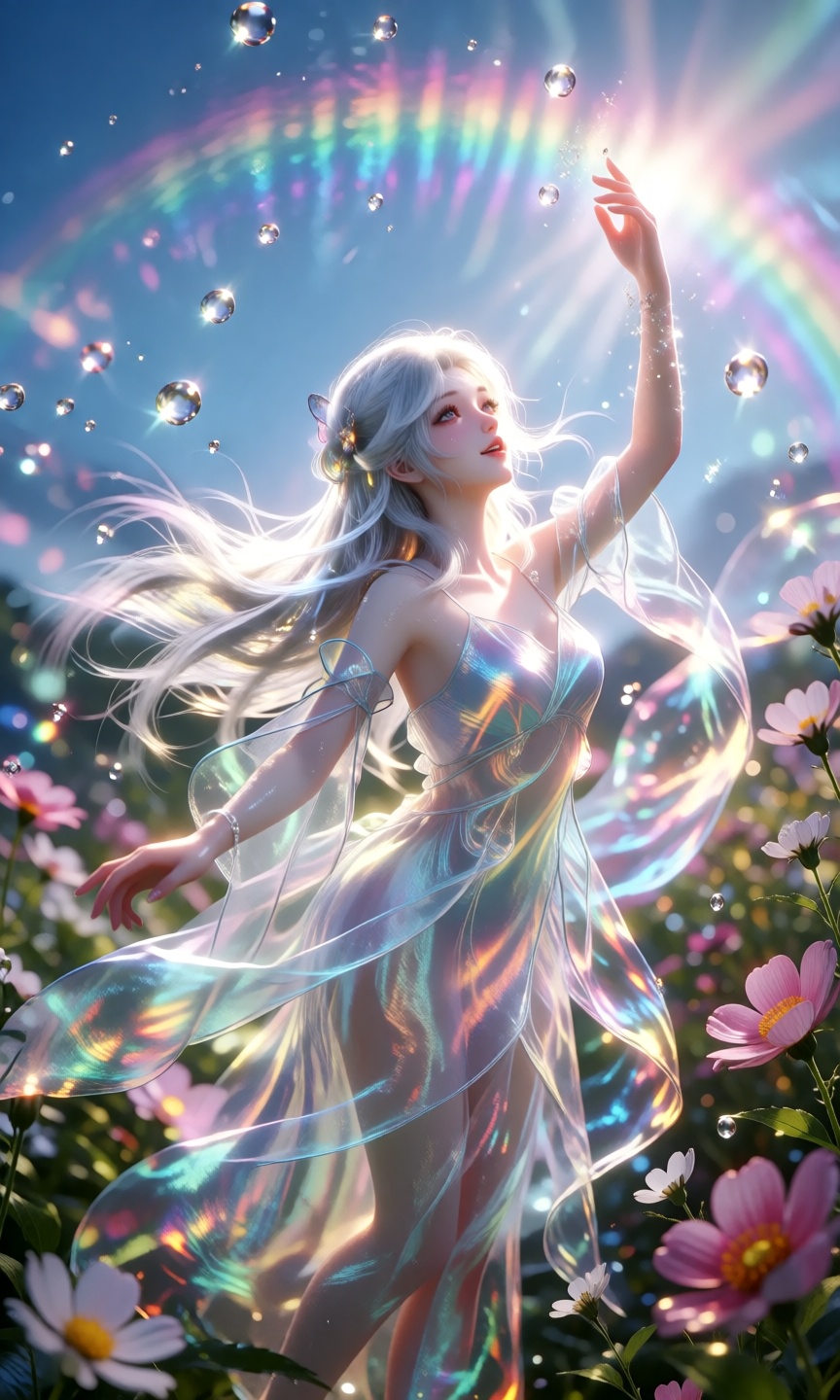 A vibrant and whimsical fantasy portrait of a graceful young woman with flowing silver-blonde hair,  dancing joyfully in a...