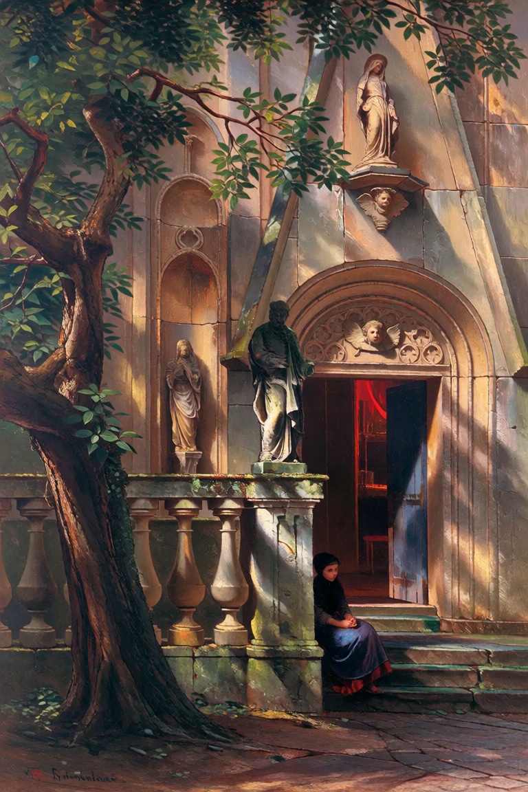 This oil painting depicts a serene,  sun-dappled courtyard outside an old,  stone church constructed in a Gothic style. Th...