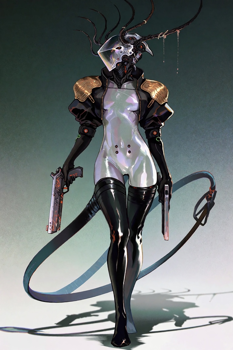 1. **Main Character:** A stylized slender humanoid female figure possibly a cyborg or android depicted in a futuristic ele...