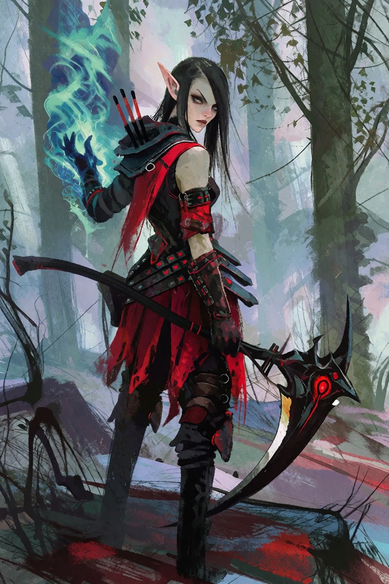 A digital fantasy painting features a striking female elf standing in a misty,  desolate forest. The elf has sharp,  angul...