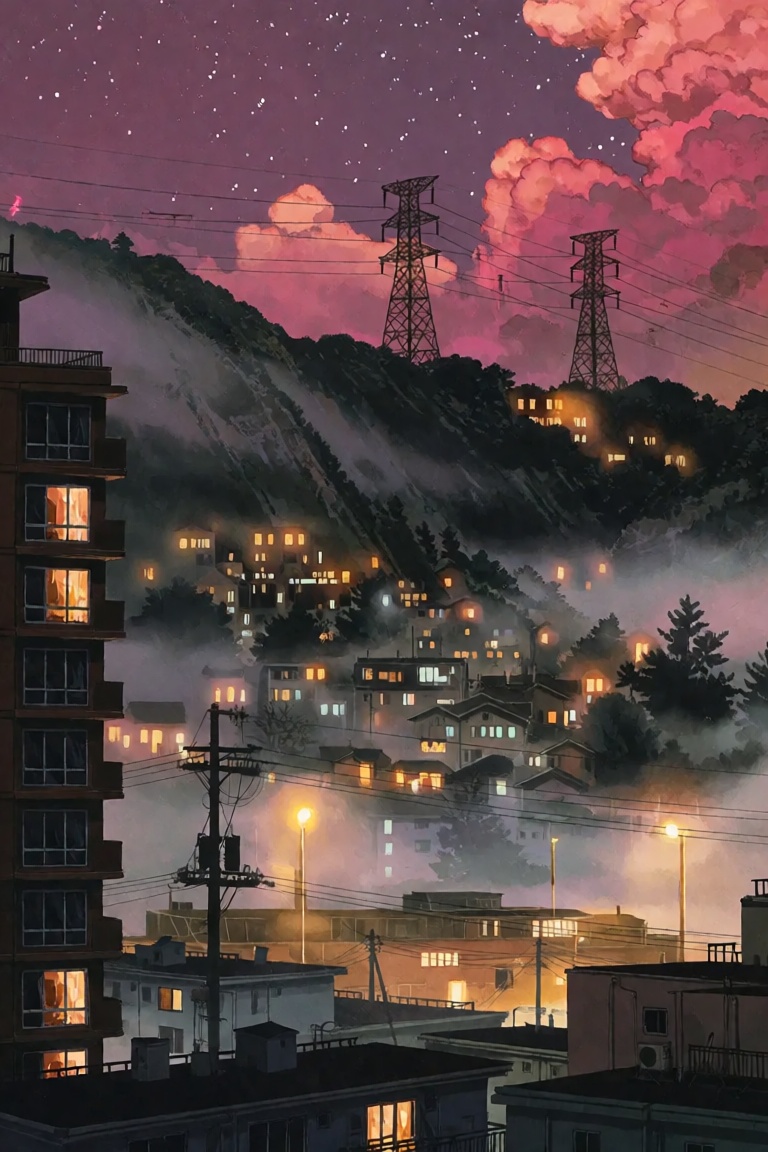 A moody twilight cityscape nestled against a steep,  fog-enveloped mountain under a vibrant magenta and deep violet sky. A...