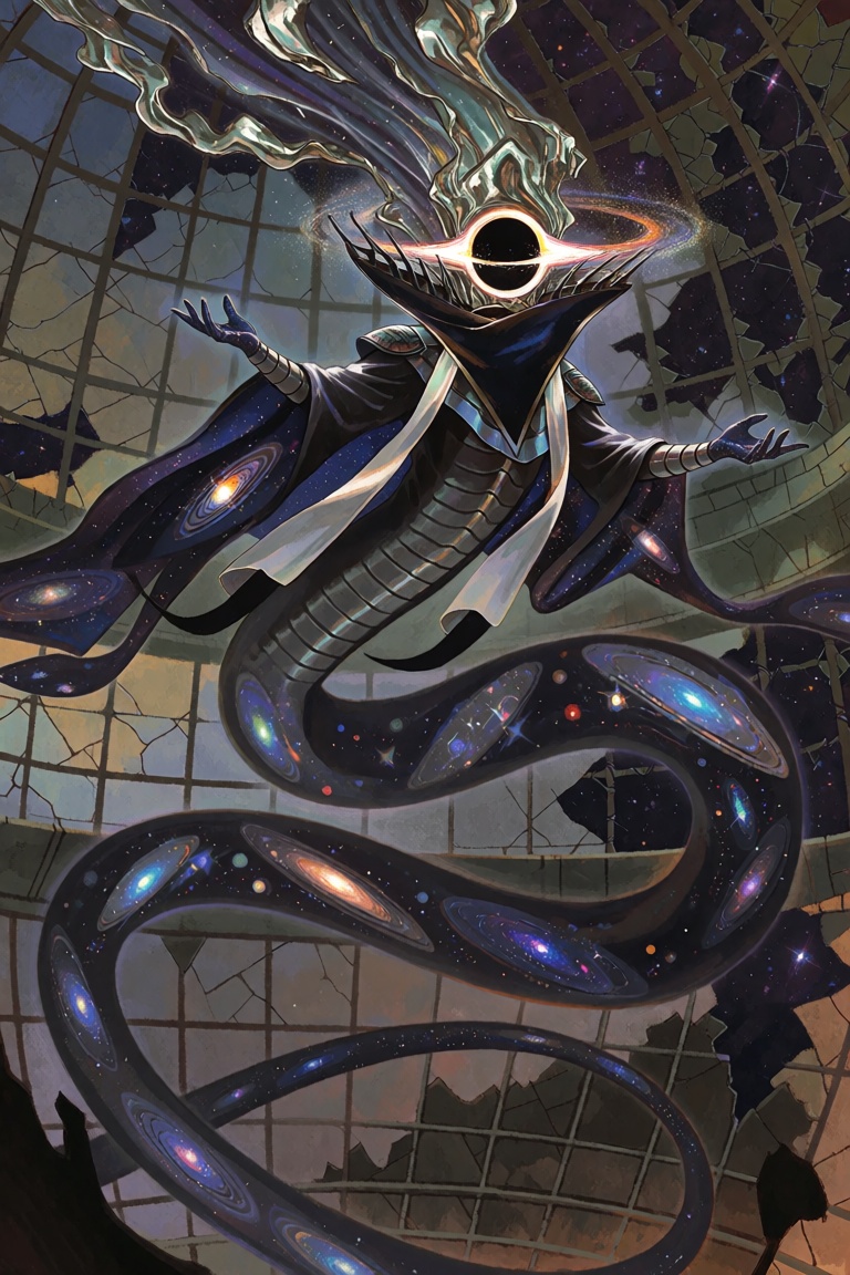 An anthropomorphic serpent mage whose scales have transformed into tiny galaxies — each one contains swirling starfields a...