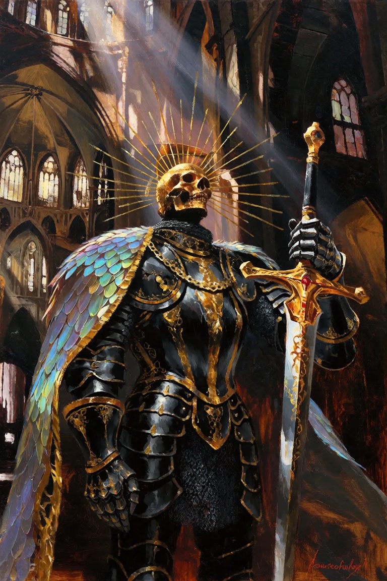 @houseofuday_,  leading lines,  a noble knight standing in a glorious gothic cathedral made out of black stone. Knight in...