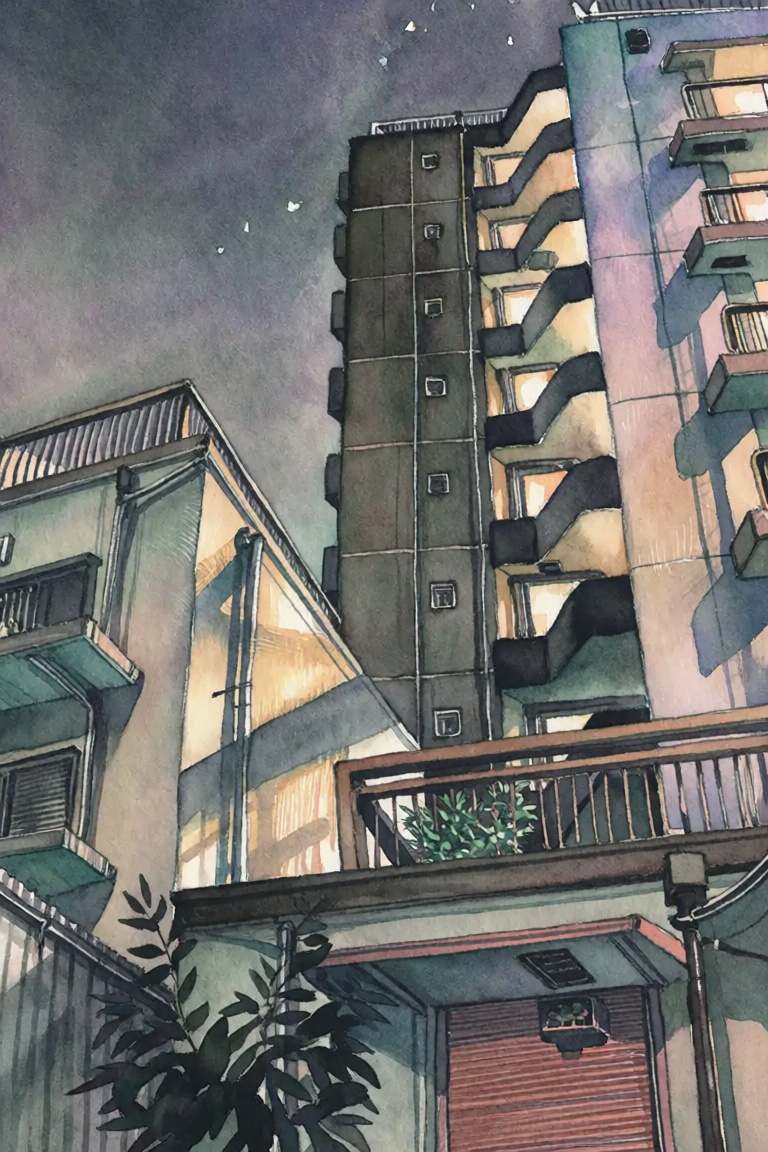 This watercolor artwork depicts an urban scene looking upward from a low angle,  capturing the interplay between architect...