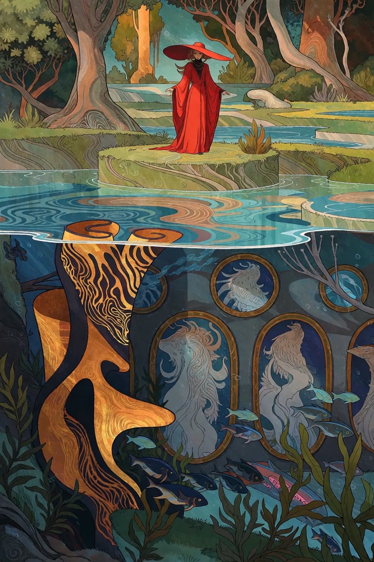 This surreal and highly detailed illustration is presented in a style reminiscent of Art Nouveau and fantasy graphic novel...