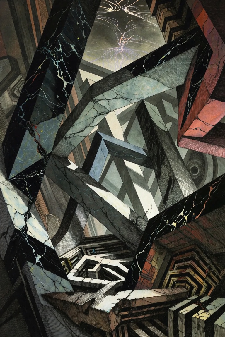 A surreal,  mysterious,  geometrical scene dominated by massive on Tensor.Art