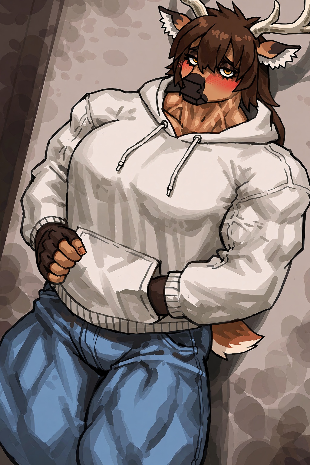 A tilted waist-up shot of a Muscular deer woman wearing an oversized hoodie,  jeans and fingerless gloves,  with a shy exp...