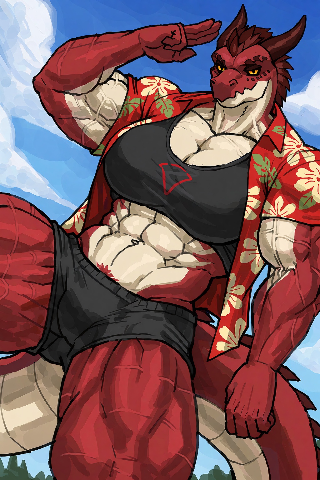 Dutch tilt cowboy framing of a Muscular dragon woman wearing a Hawaiian shirt left unbuttoned over a sports bra,  saluting...