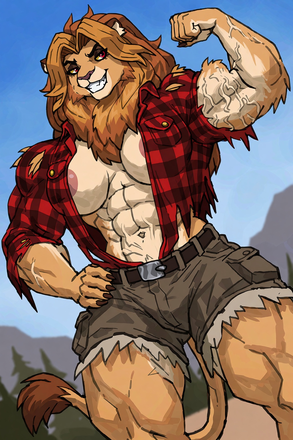 A tilted dutch angle cowboy shot of a muscular anthro lioness wearing a torn red plaid flannel shirt and cargo shorts,  fl...