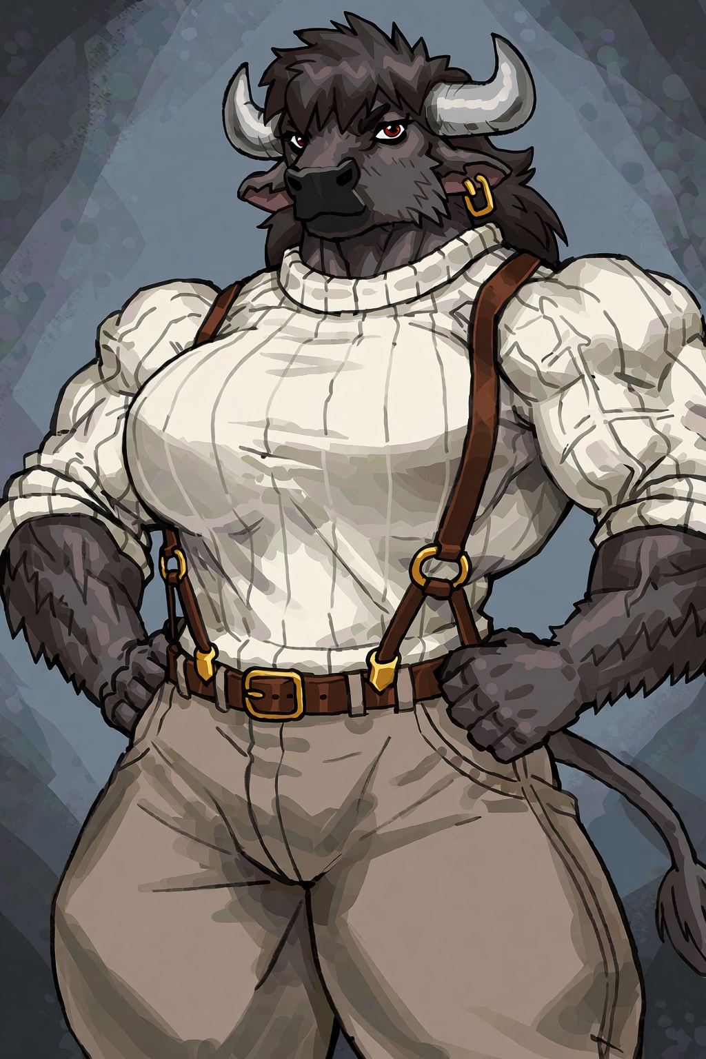 A skewed-angle waist-up portrait of a Muscular buffalo woman in a knitted sweater and suspenders,  hands on hips in a hero...