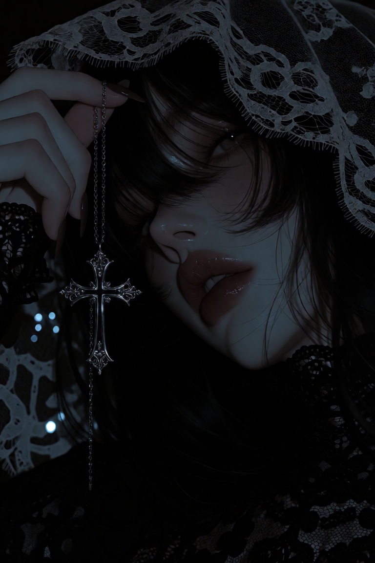 digital illustration of a mysterious woman rendered in a pseudo-realistic art style. She possesses porcelain skin glowing...