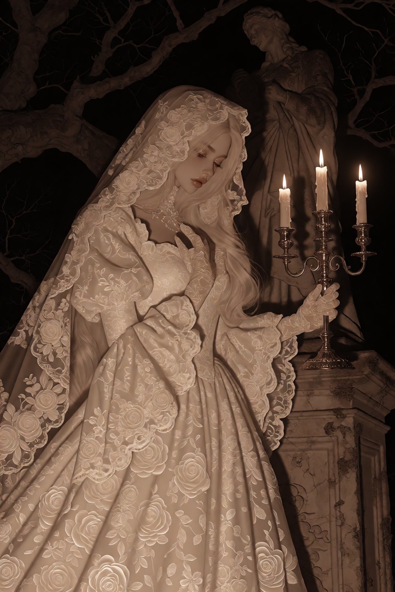 digital illustration of a spectral bride rendered in a pseudo-realistic art style,  captured in a haunting monochrome tone...