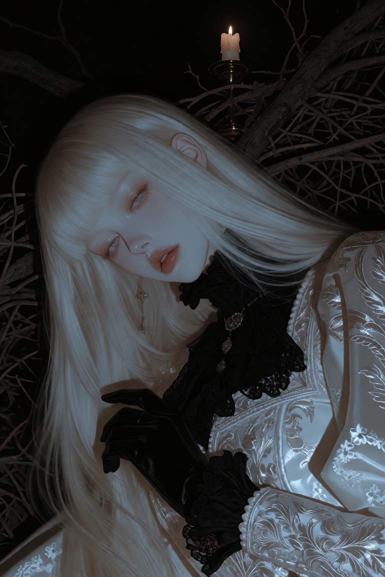 digital illustration of a mysterious pale-haired woman rendered in a pseudo-realistic art style. She possesses porcelain s...