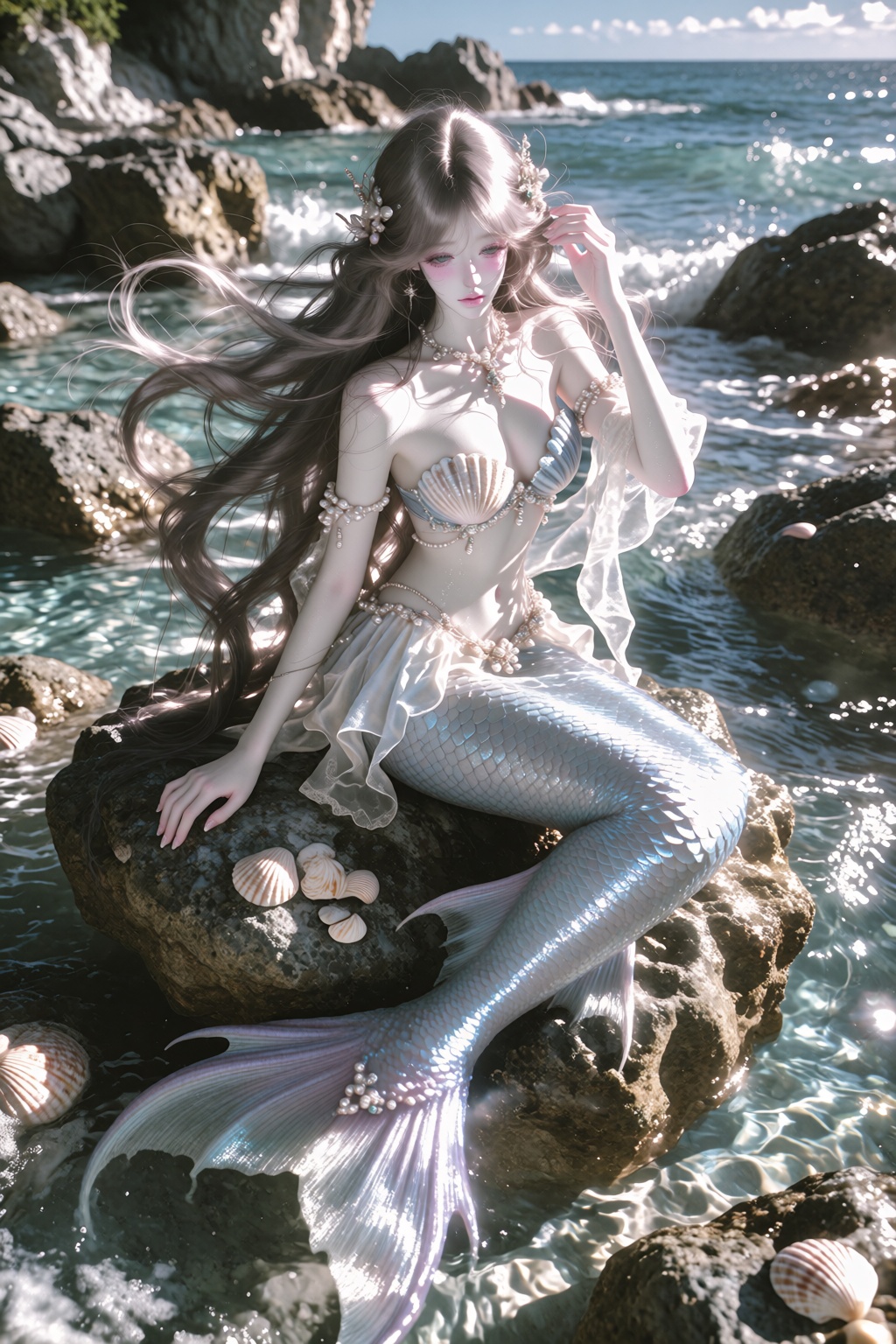 character: ***** young woman,  solo,  long flowing hair moving naturally with the ocean breeze on Tensor.Art