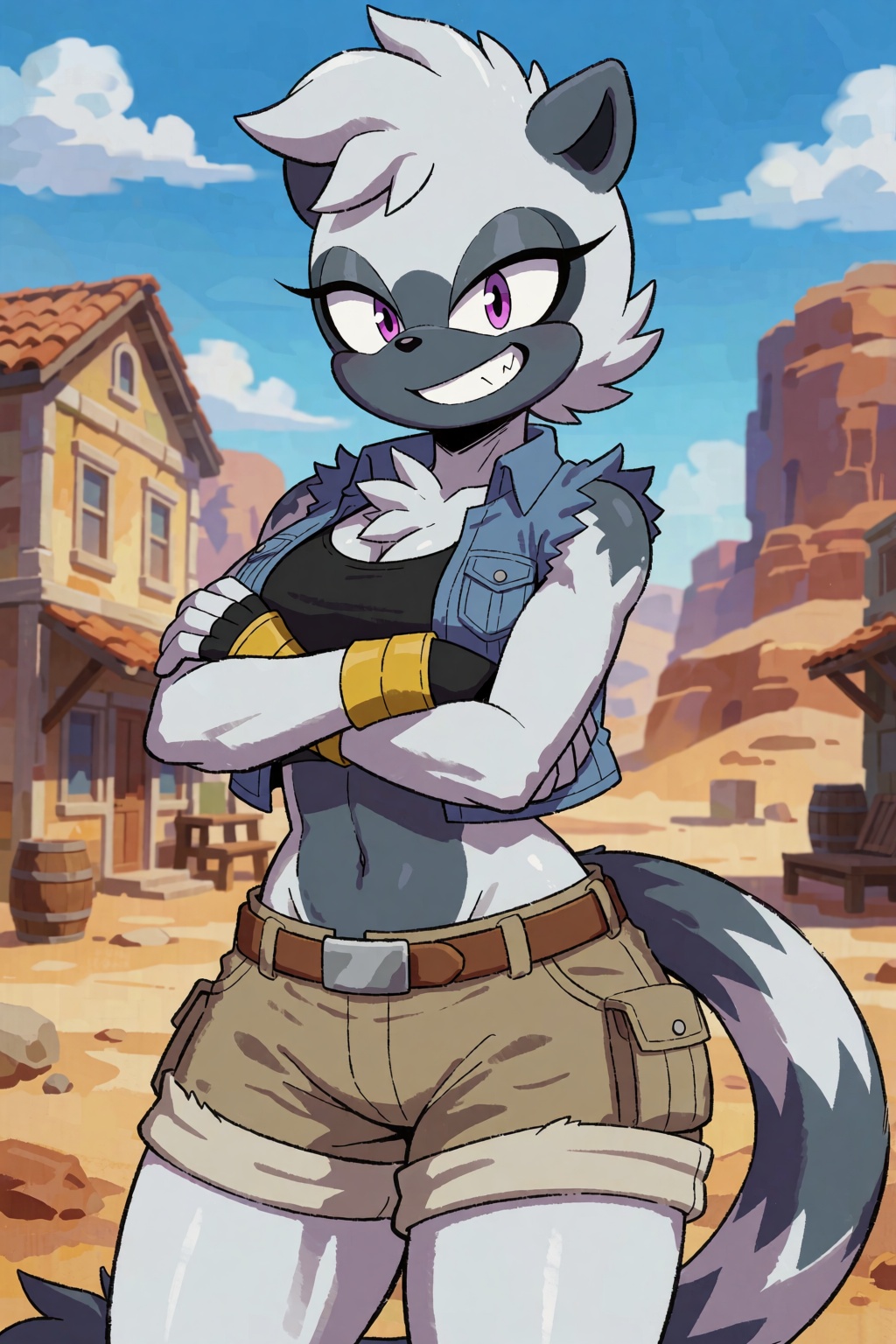 An Anthro Furry Tangle,  With Purple Eyes And Dark Grey Chest with large breasts wearing a denim vest and cargo shorts,  s...