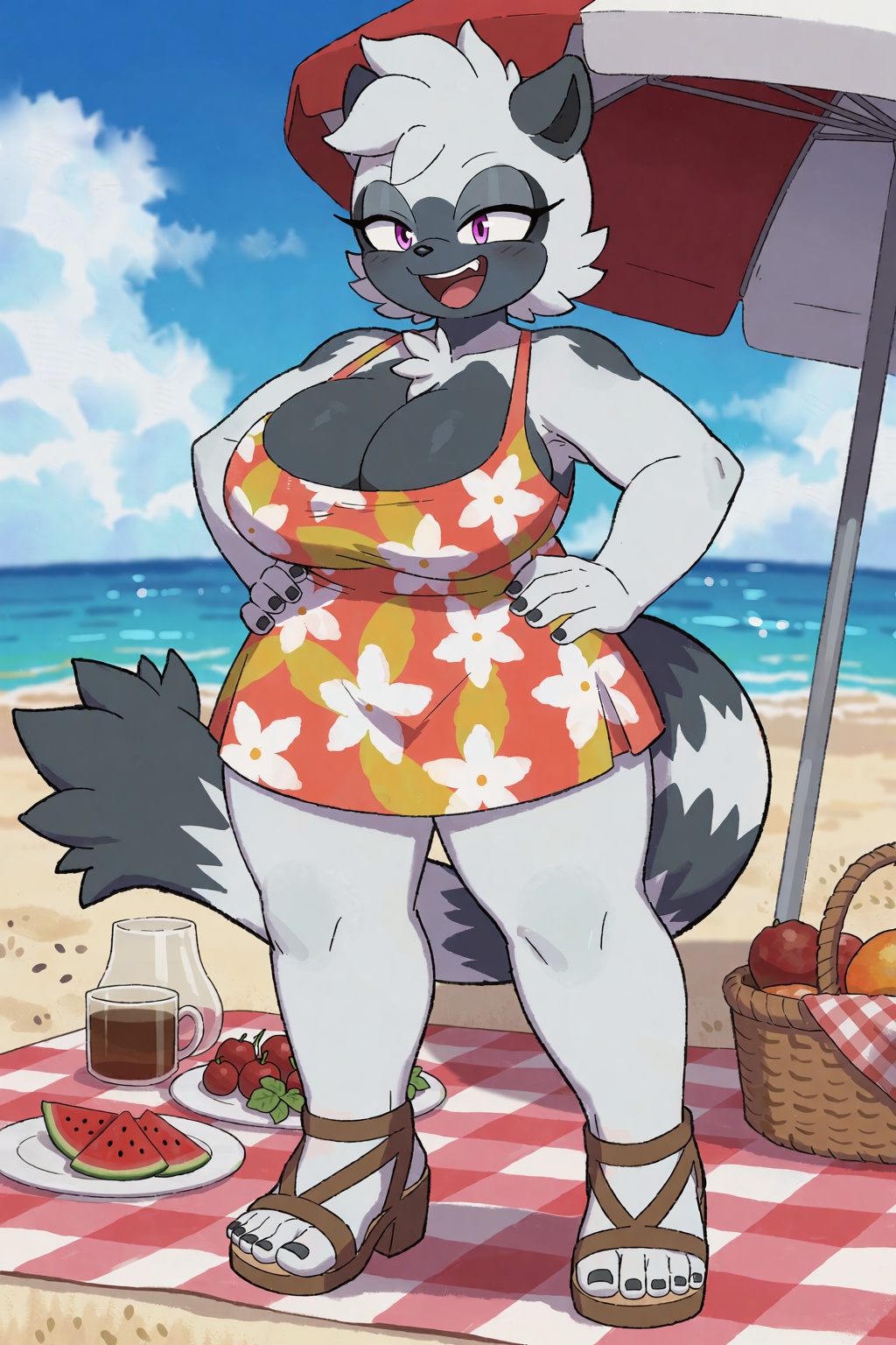 An Anthro Furry Tangle,  With Purple Eyes And Dark Grey Chest with large breasts wearing a floral sundress and sandals,  l...