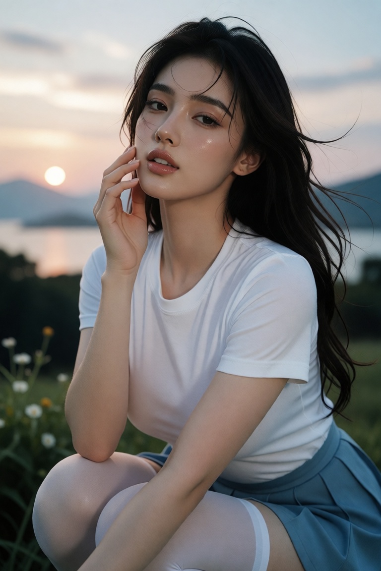 Create an editorial high-fashion finish portrait for a luxury beauty campaign/magazine cover featuring a woman in her earl...
