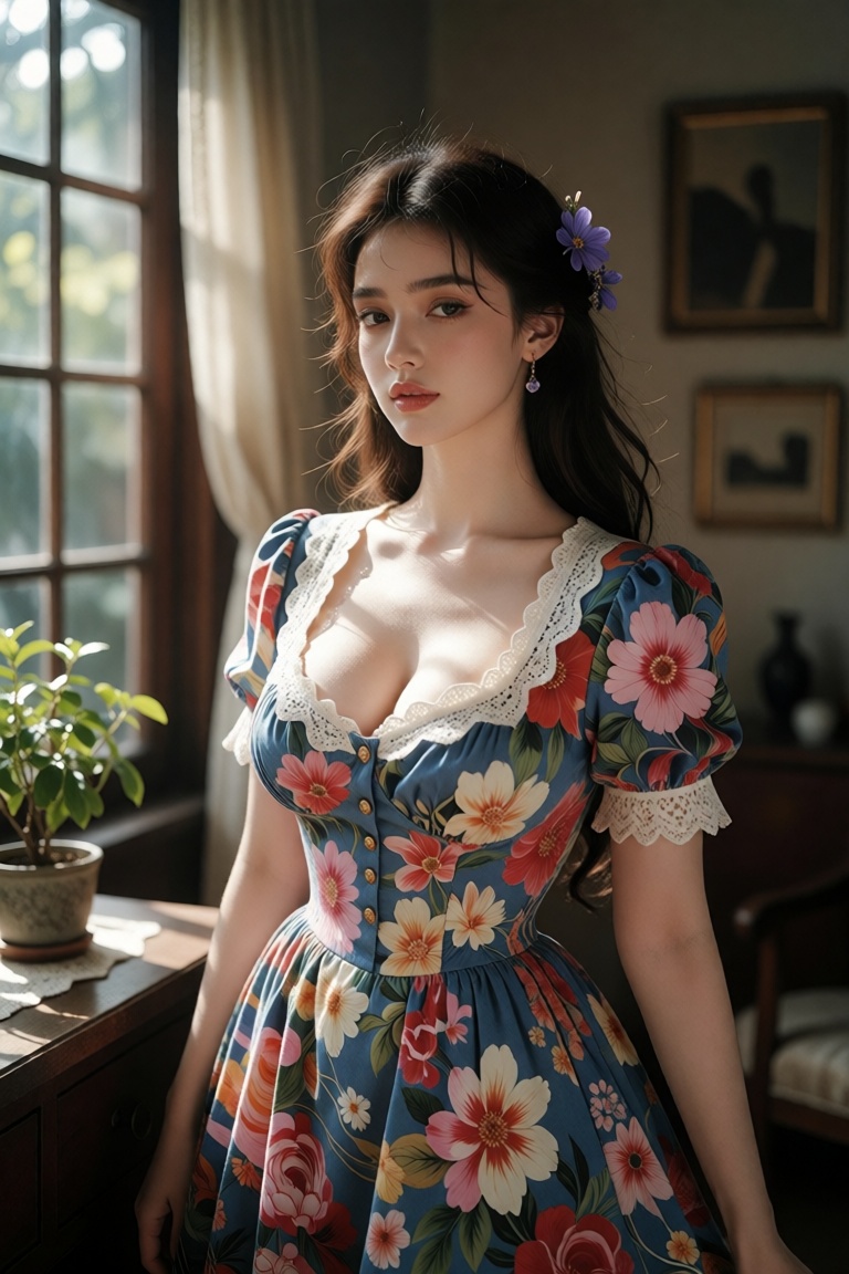 Create an image that captures a young woman standing indoors,  dressed in a vibrant floral dress with a white lace collar...