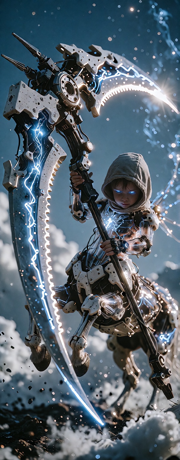Create a hyper-detailed image of a centaur gripping a colossal scythe weapon. The scythe is over ten times the toddler’s h...
