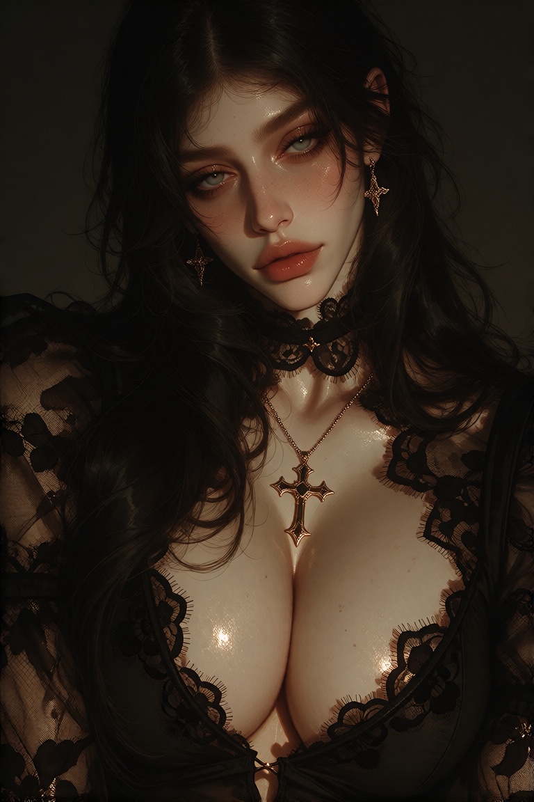 This is a highly detailed,  digital artwork of a young woman with a Gothic or dark fantasy aesthetic. She has long,  wavy...