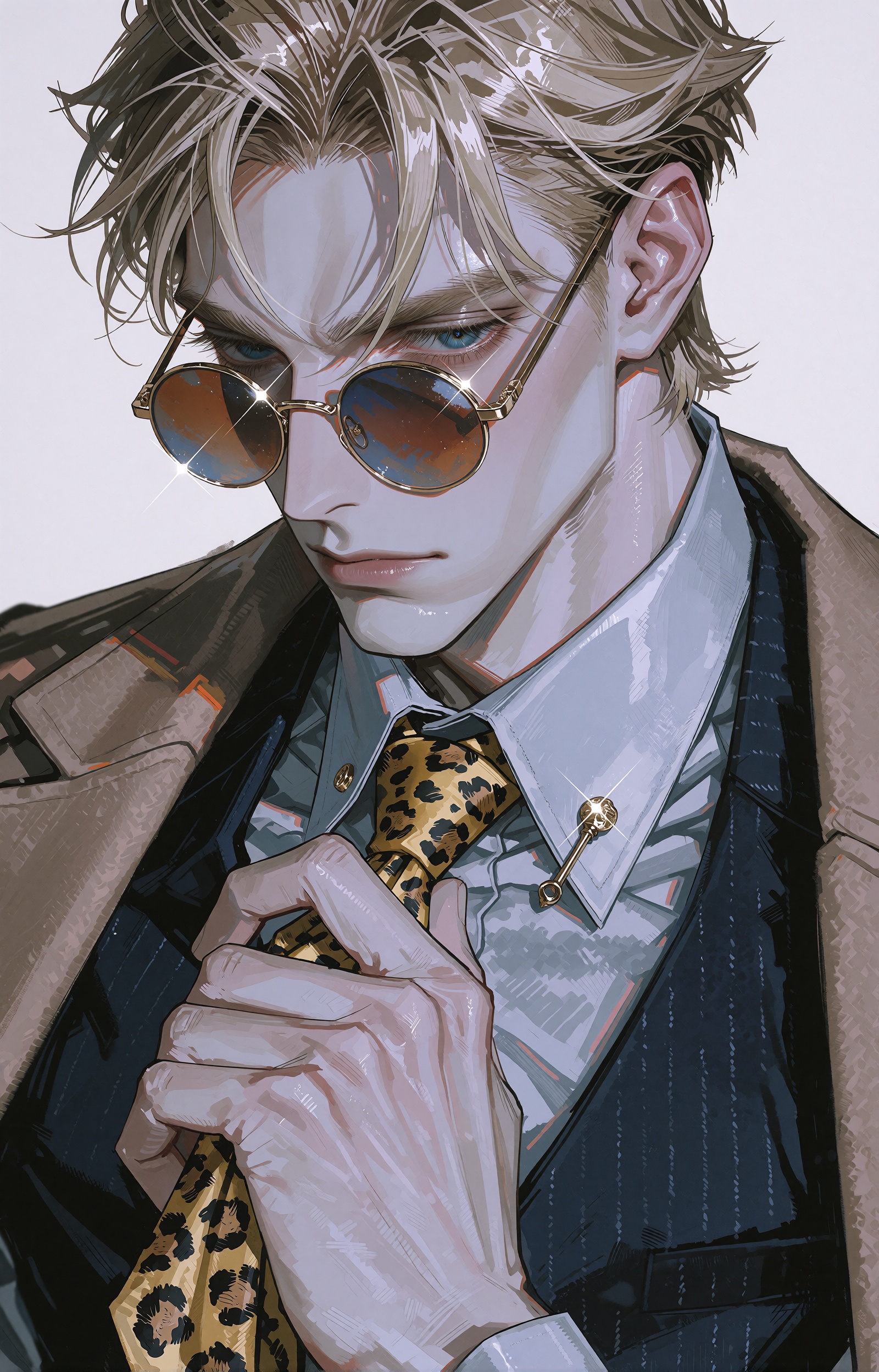An anime-style portrait illustration of a composed ***** man with swept-back blond hair and loose strands across his foreh...