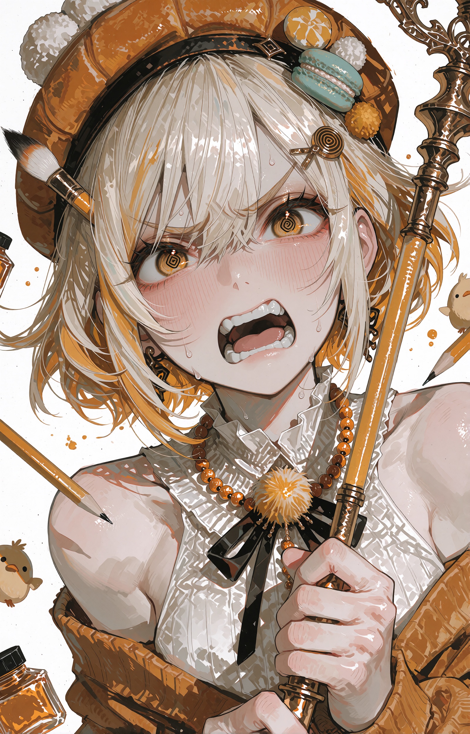 A flustered young anime artist girl leans into frame in a tight close-up bust portrait,  her short tousled blonde hair fli...