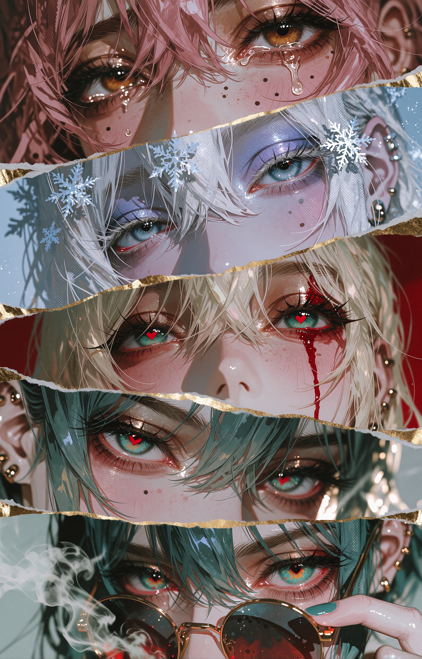 An extreme close-up anime illustration composed as four diagonal full-bleed panels separated by torn gold-leaf strips,  ea...
