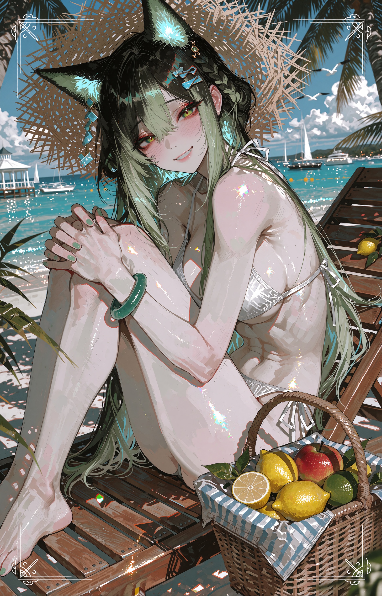 A vertical painterly anime illustration of a tropical beach resort. A young anime girl with very long green hair,  dark ol...