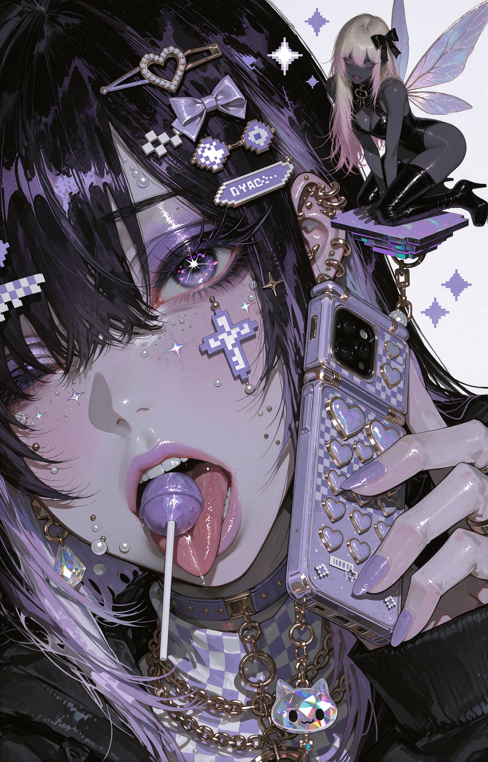 An extreme close-up diagonal portrait of a playful dark-skinned anime girl with long black hair streaked in lavender-purpl...