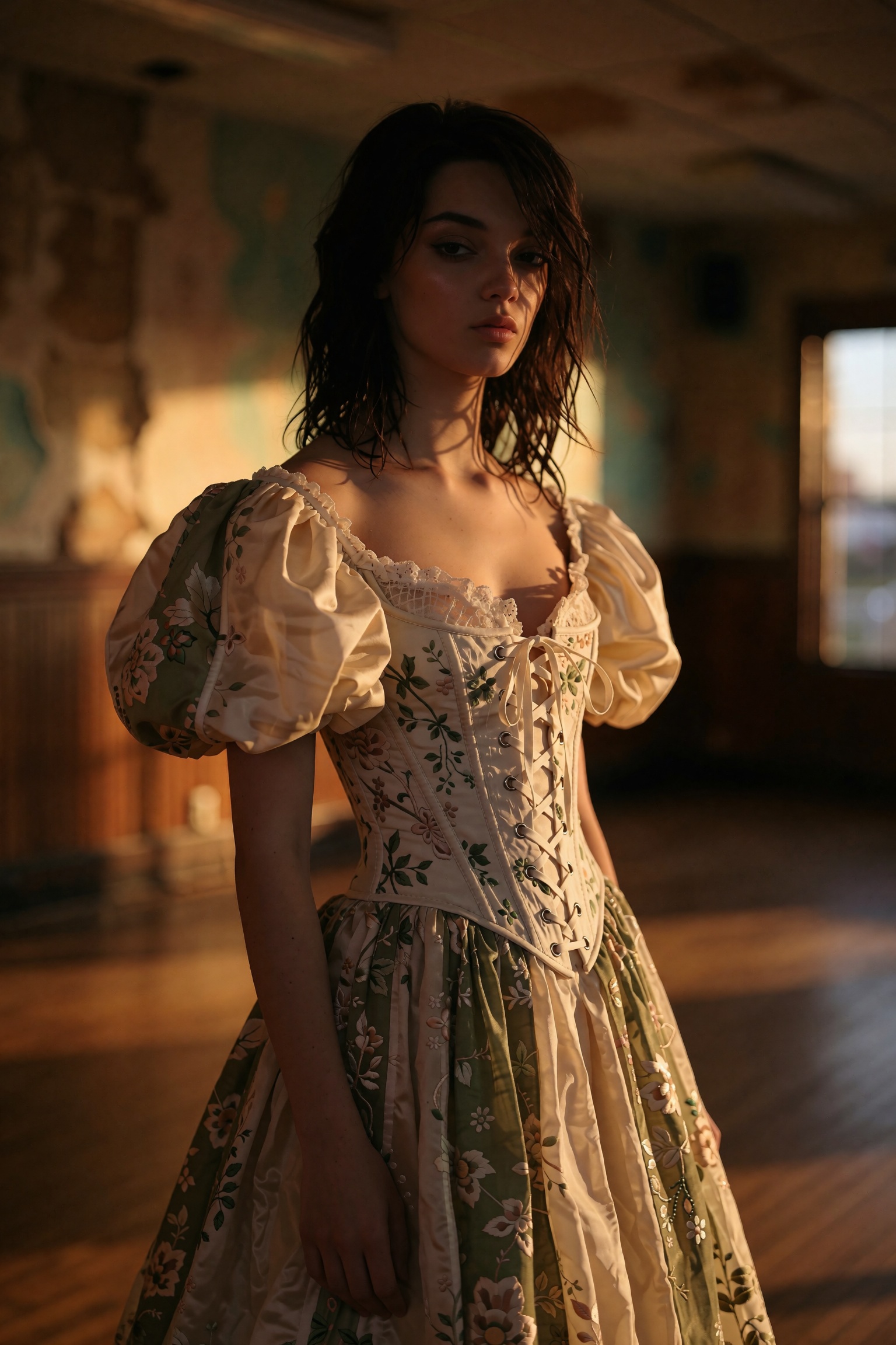 A full body portrait capturing a slender nineteen-year-old female model in a high-fashion,  contemporary shoot setting,  b...