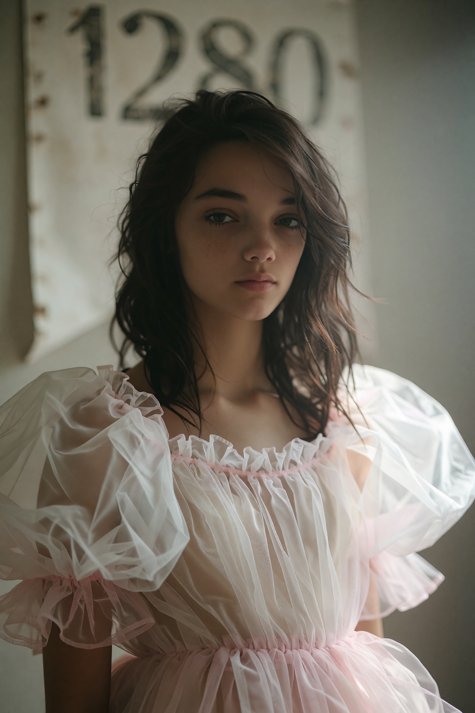 A meticulously detailed,  portrait-style medium close-up shot focuses on a slender teenage girl with delicate features,  p...