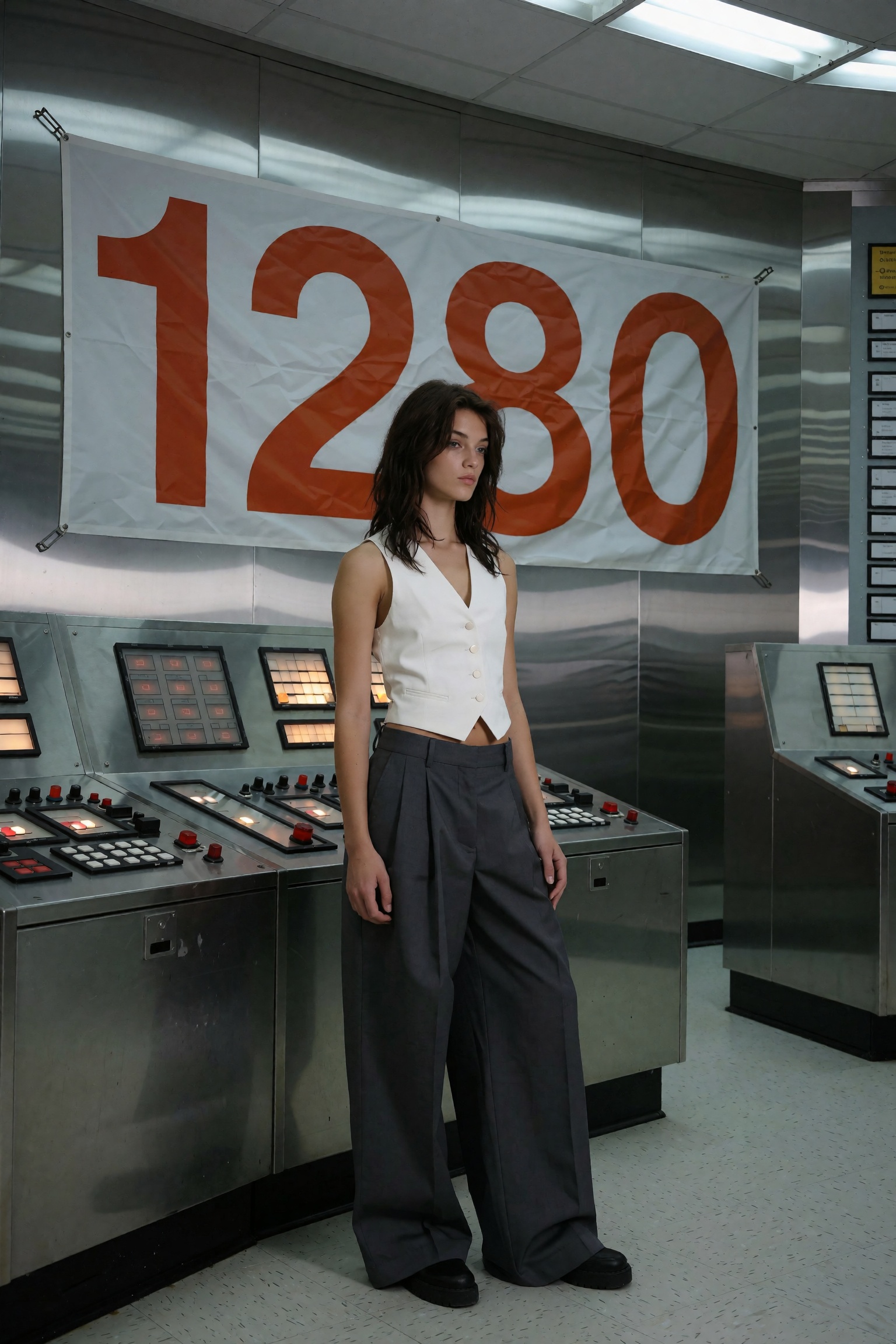 A slender nineteen-year-old with striking features,  executing a high-fashion editorial pose amidst the cold,  imposing ar...