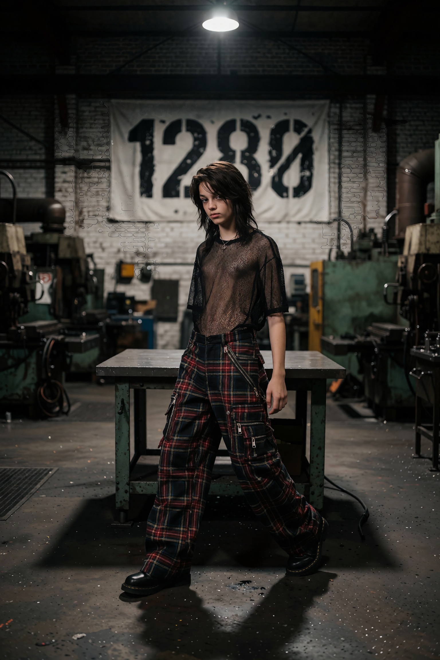 A slender teenager,  embodying a fierce,  DIY punk aesthetic on Tensor.Art