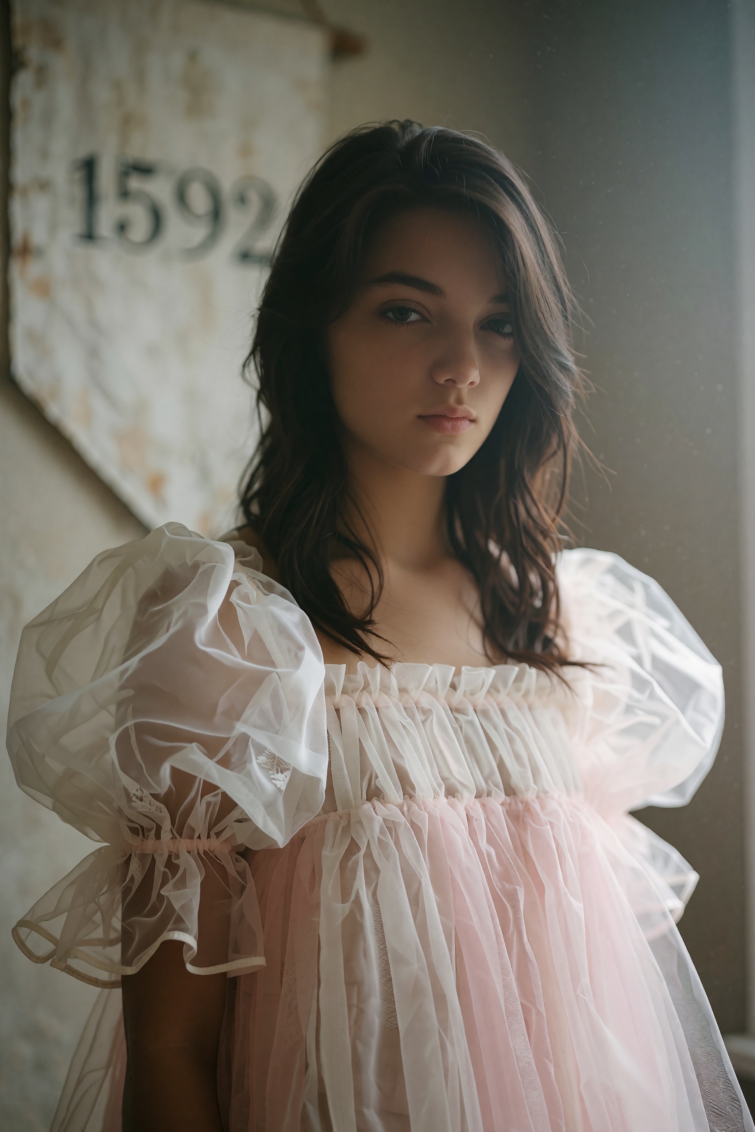 A meticulously detailed,  portrait-style medium close-up shot focuses on a slender teenage girl with delicate features,  p...