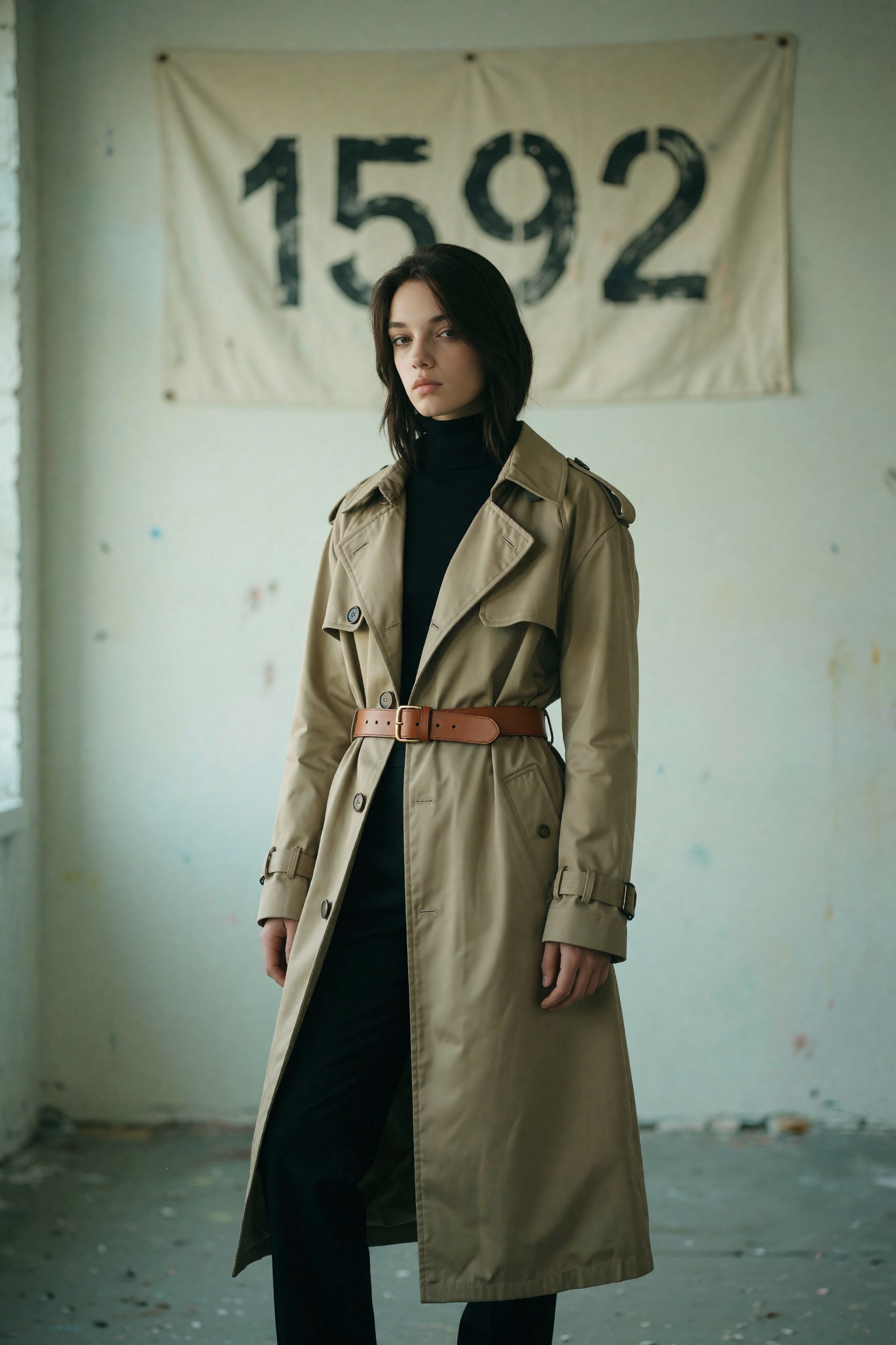 A full-body editorial shot,  centered in a vast,  sparsely decorated art studio bathed in diffused on Tensor.Art