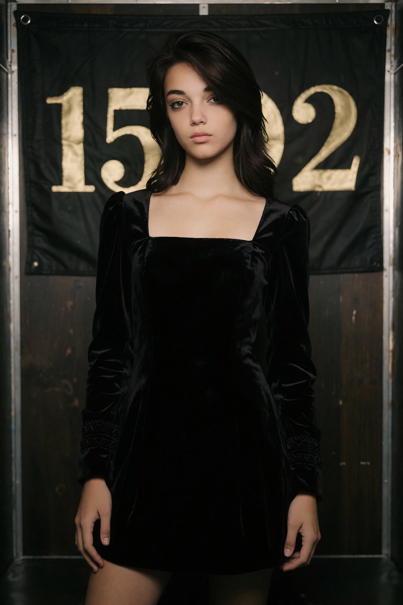 A cinematic portrait capturing a slender teenage subject,  framed within the intimate,  claustrophobic aesthetic of a mode...