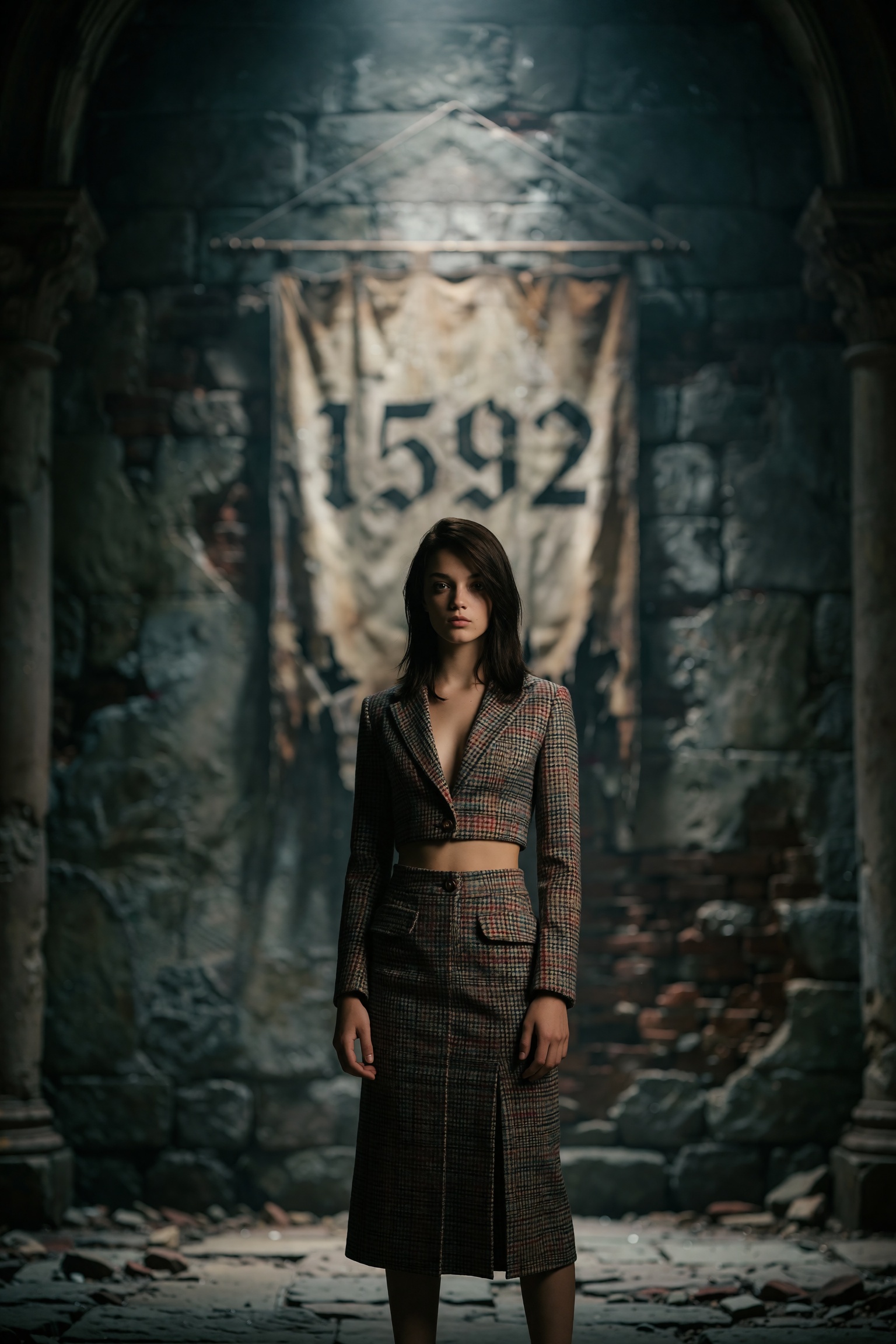 A high-fashion editorial photograph of a very slender young teenage model posed confidently within a grand,  yet atmospher...