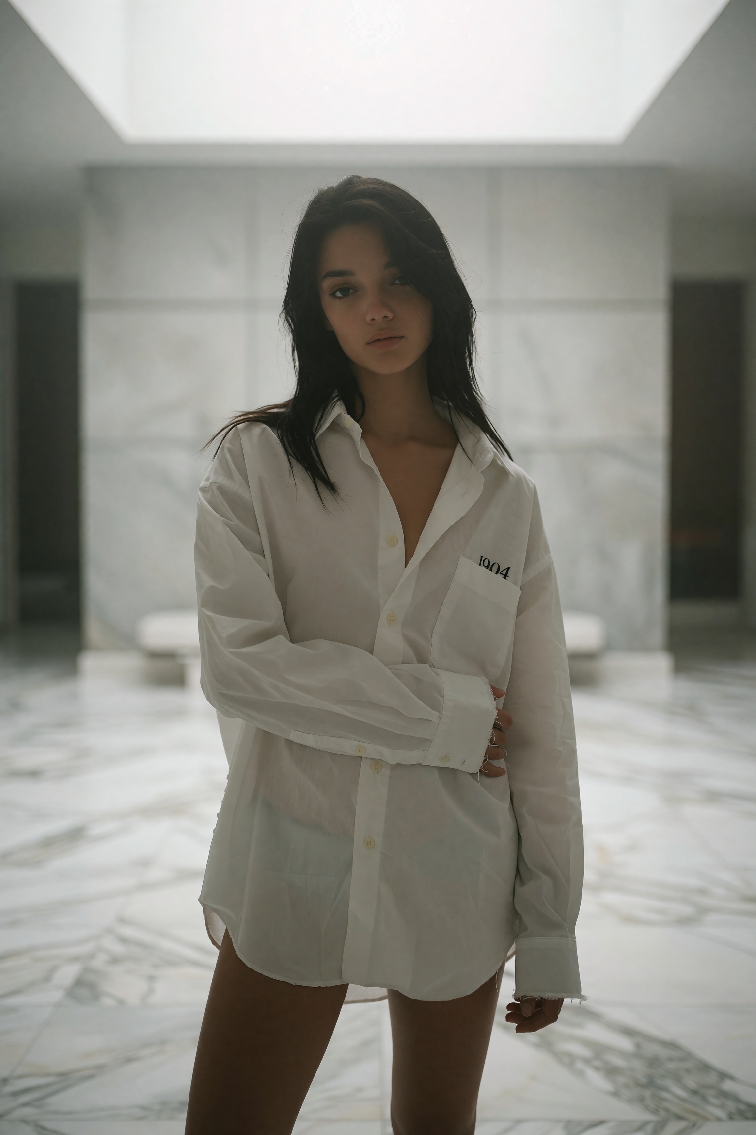 A high-fashion,  cinematic portrait of a slender young woman,  positioned centrally within a grand on Tensor.Art