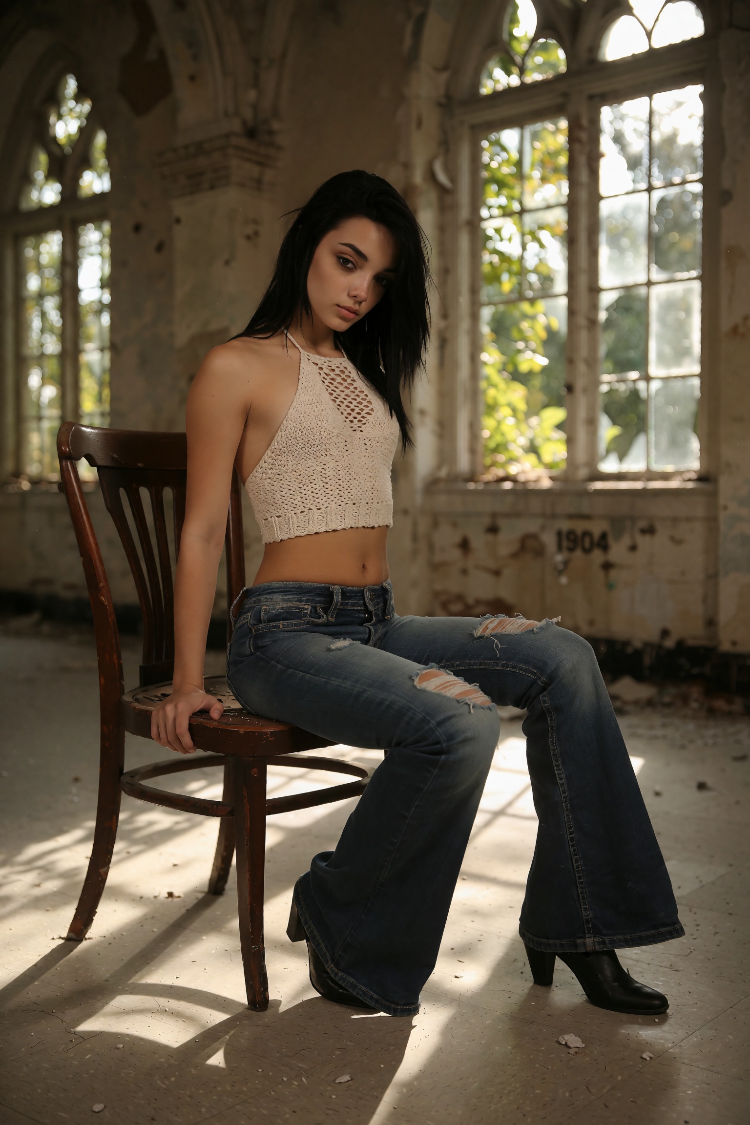 A high-fashion portrait of a slender young woman posed dramatically within the decaying grandeur of an abandoned asylum fr...