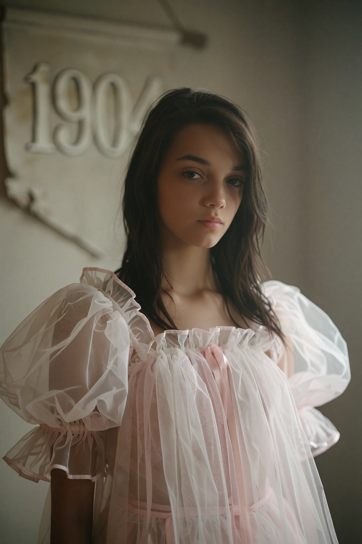 A meticulously detailed,  portrait-style medium close-up shot focuses on a slender teenage girl with delicate features,  p...