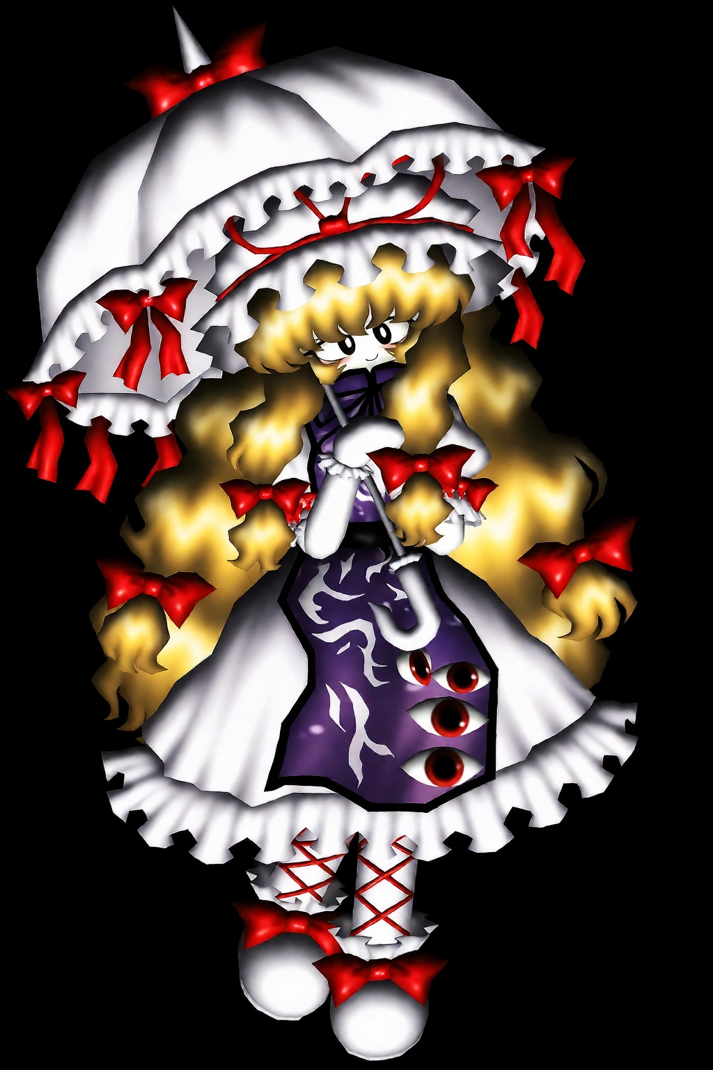 lastworry111,  low-poly style with a cartoonish face,  This official ZUN-style artwork depicts the character Yukari Yakumo...
