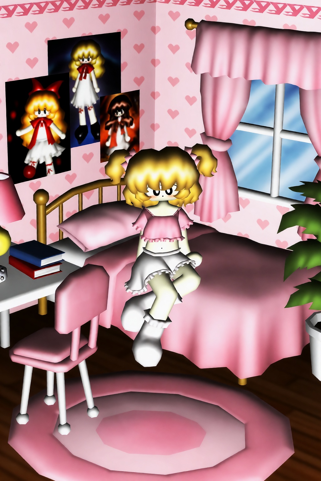 lastworry111,  Low-poly style with a cartoonish style. A girl with blonde twintails is sitting on her bed in wariza positi...